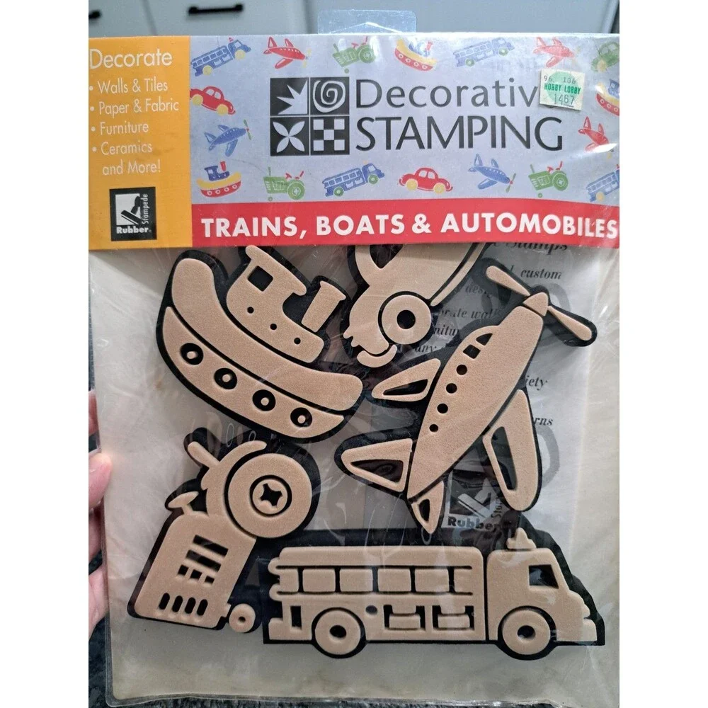 Vintage Rubber Stampede Decorative Stamping Kit Trains Boats & Automobiles NOS
